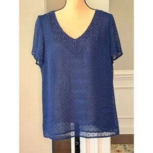 Coldwater Creek Navy Blue Dotted Swiss Blouse Flutter Sleeves Lace Inset Sz L 14